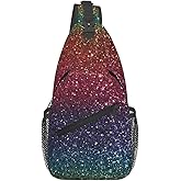 Rainbow Glitter Bling Print Small Sling Bags For Men Women Unisex Lightweight Shoulder Backpack Small Crossbody Chest Sling Travel Hiking Walking Cycling Casual Daypack with Adjustable Strap