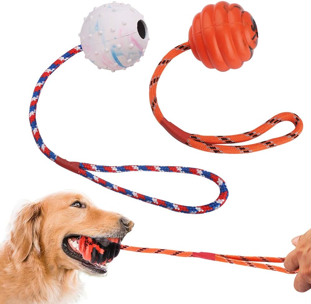 2 PCS Dog Training Ball on Rope, Solid Rubber Rope Ball for Dog