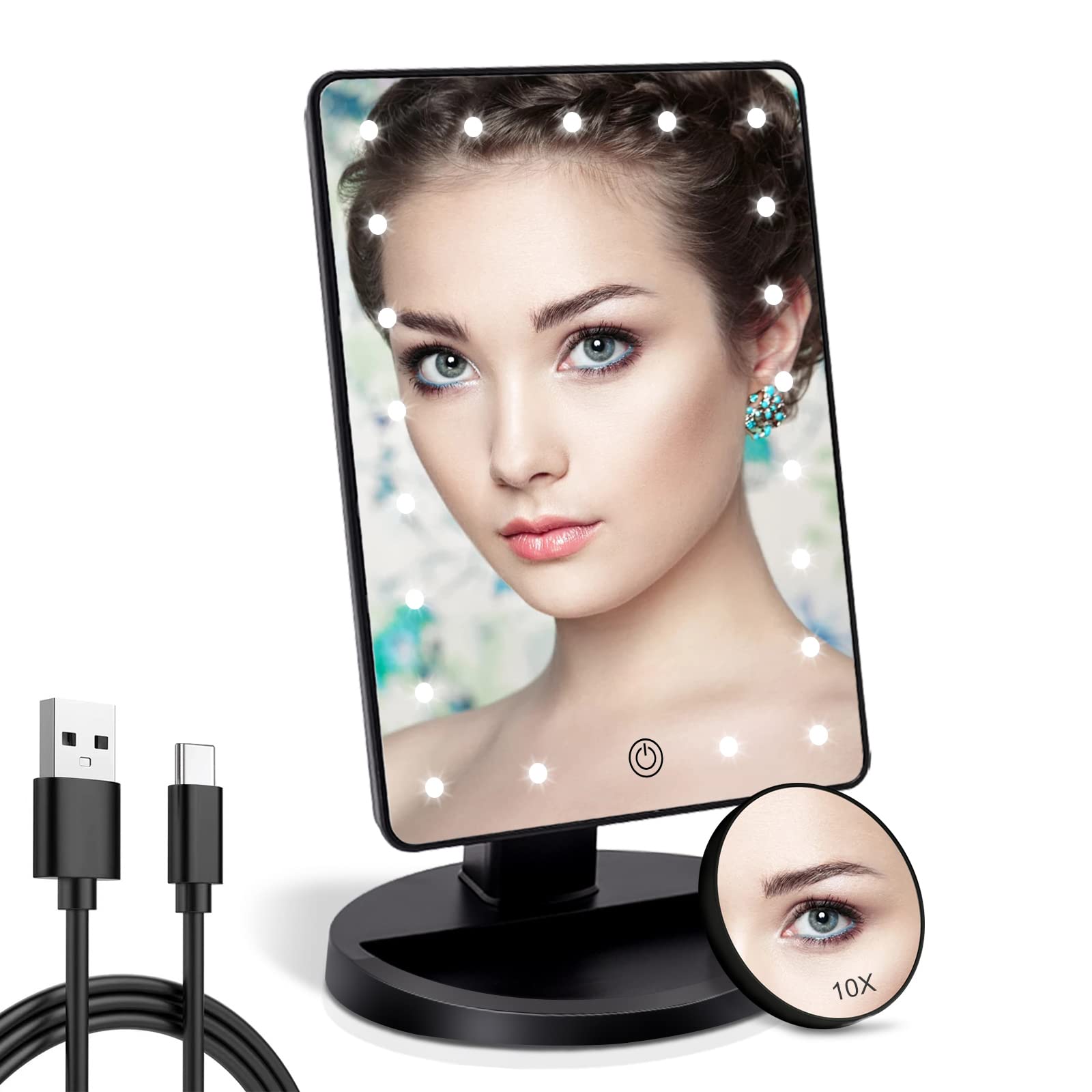 Photo 1 of COSMIRROR Lighted Makeup Vanity Mirror with 10X Magnifying, 21 LED Lighted with Touch Sensor Dimming, 180Adjustable Rotation, Dual Power Supply, Portable Cosmetic Mirror (Black)
