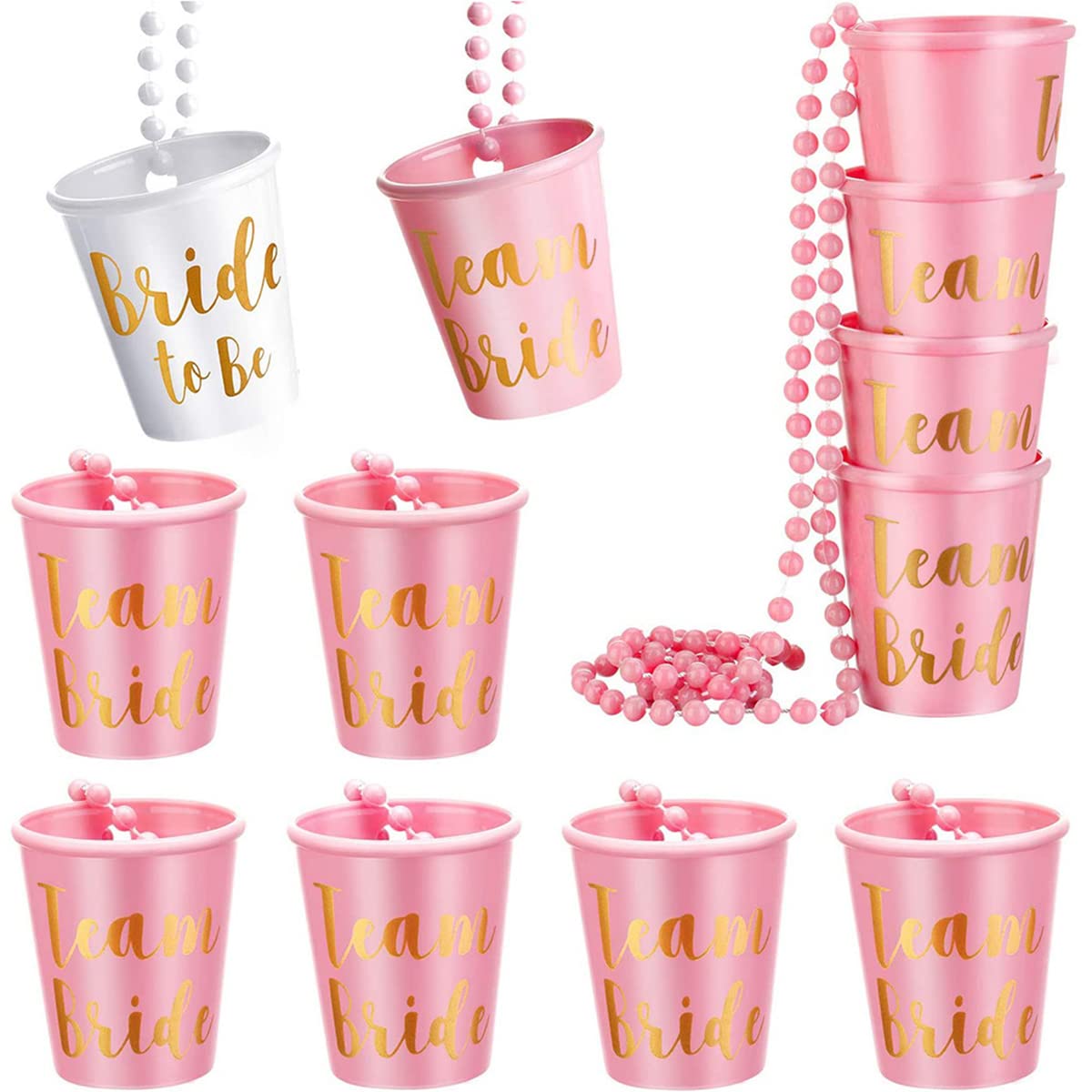 Aoen 12 Pcs Hen Party Shot Glasses Necklace Plastic Beaded Bridal Shot Glass Necklace Pink & White for Bachelorette Party Bridal Party Necklaces (1 Bride to Be, 11 Team Bride), Rose Gold (AE2447)