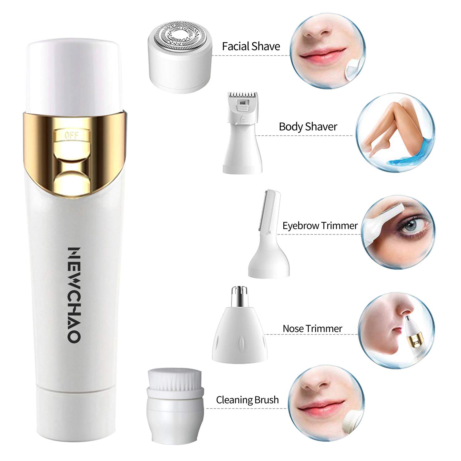 Facial Hair Removal for Women Hair Remover, 5 in 1 Painless Facial Body Shaver, Eyebrow Razors Epilator, Nose Bikini Hair Trimmer with USB Charging