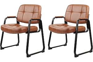 CLATINA Big Tall 400 lbs Waiting Room Chairs with Padded Arms Leather Guest Chair no Wheels for Office Reception Lobby and Conference Desk with Sled Base, Brown, 2PK