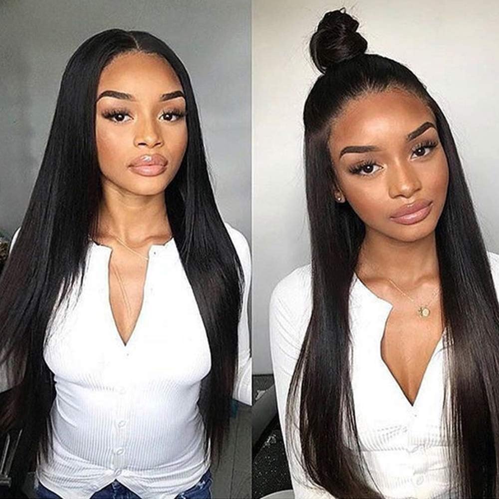 Ucrown Hair 13x4 Lace Front Wigs Brazilian Straight Human Hair Wigs For Black Women 150% Density Pre Plucked with Baby Hair Natural Black(Lace front wig-16)