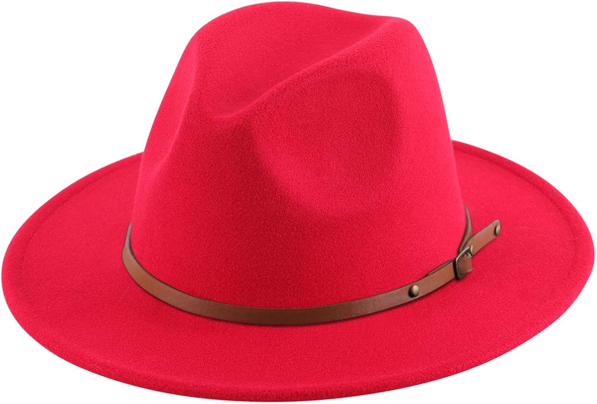 Lanzom Women Lady Retro Wide Brim Floppy Panama Hat Belt Buckle Wool Fedora Hat (Black, One Size) at  Women’s Clothing store