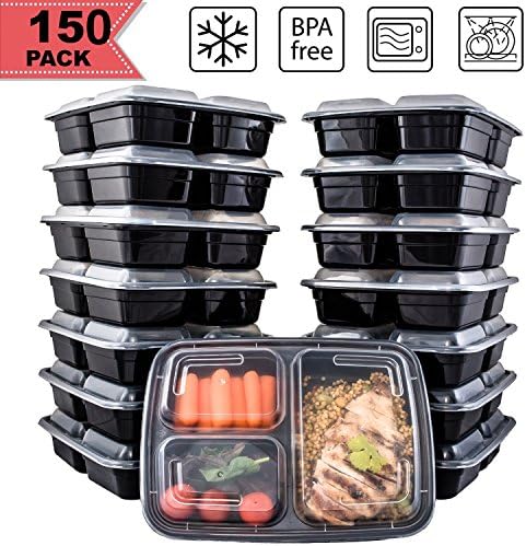 [150 Pack] FreshPREP Meal Prep Containers - Reusable, Stackable, BPA Free, Microwave, Freezer &amp; Dishwasher Safe Fitness Meal Containers - Food Prepping Portion Control Container - 3 Compartment - 33oz
