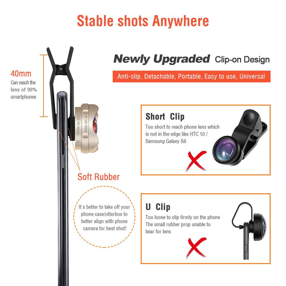 iPhone Lenses Kit - Universal 2 in 1 120°Wide Angle Lens & 15X Macro Lens, Cell Phone Camera Lens for iPhone 7/7 Plus/6s/6s Plus/6/5, Samsung Galaxy & More, Buy 1 Get 1 Free (Gold)