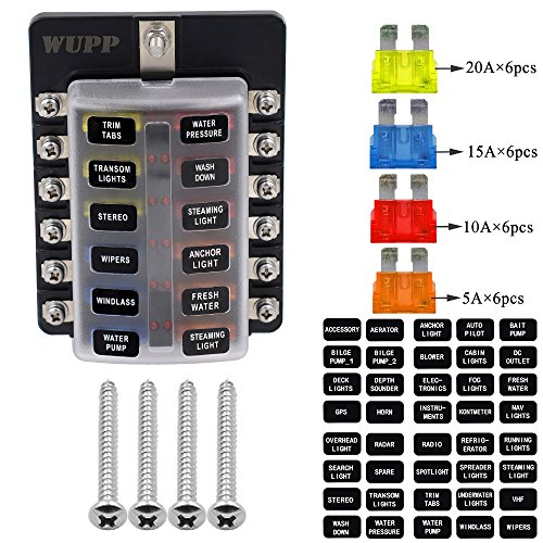 12-Way Boat Fuse Block with LED Warning Indicator Damp-Proof Cover WUPP Automotive Fuse Panel for Car Marine RV Truck DC 12-24V