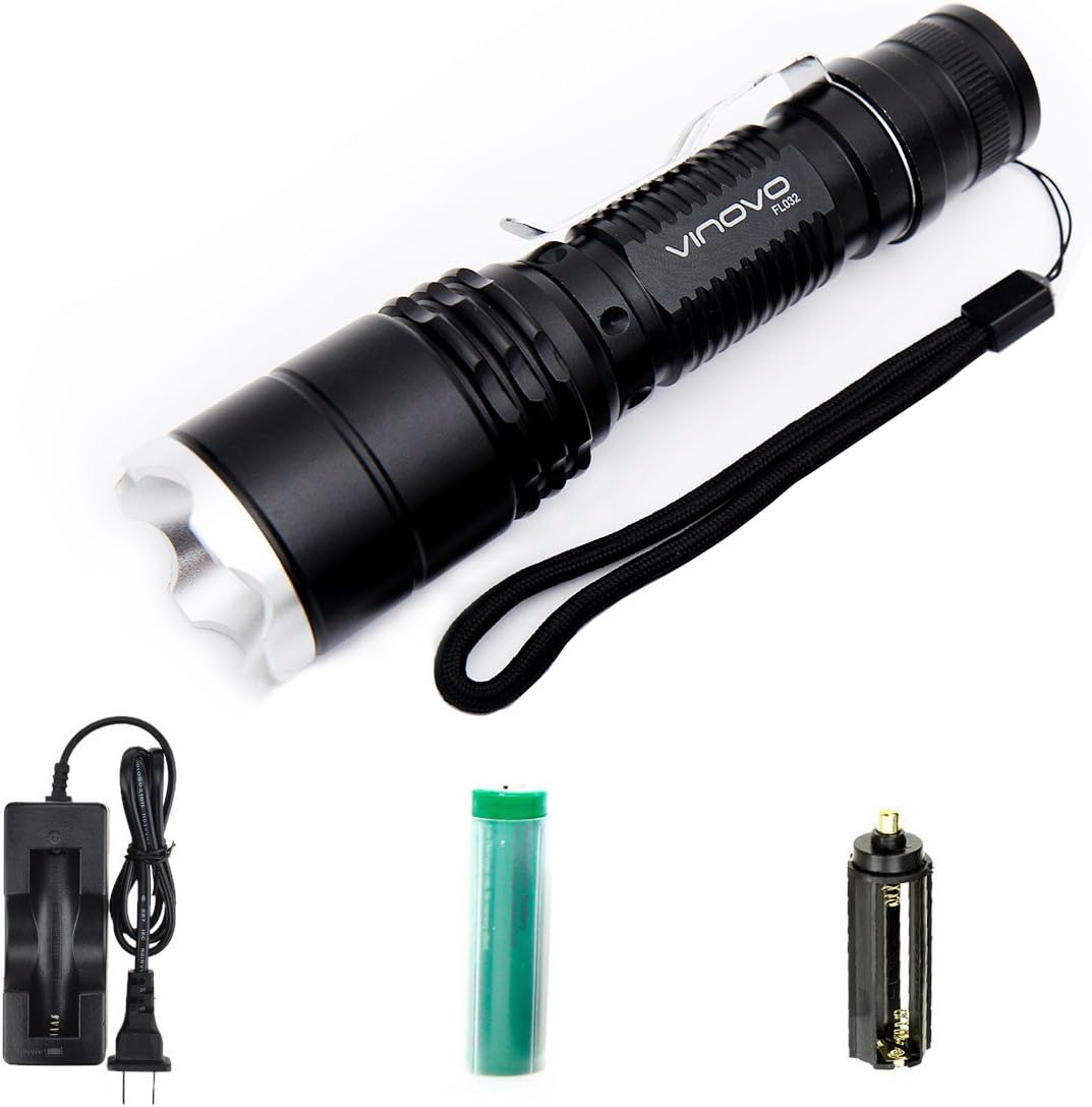 VINOVO Rechargeable Led Flashlight Cree Xml T6 600 Lumens Super Bright Tactical Adjustable Handheld LED Flashlight Torch Includes 18650 Rechargeable Battery Black With Clip