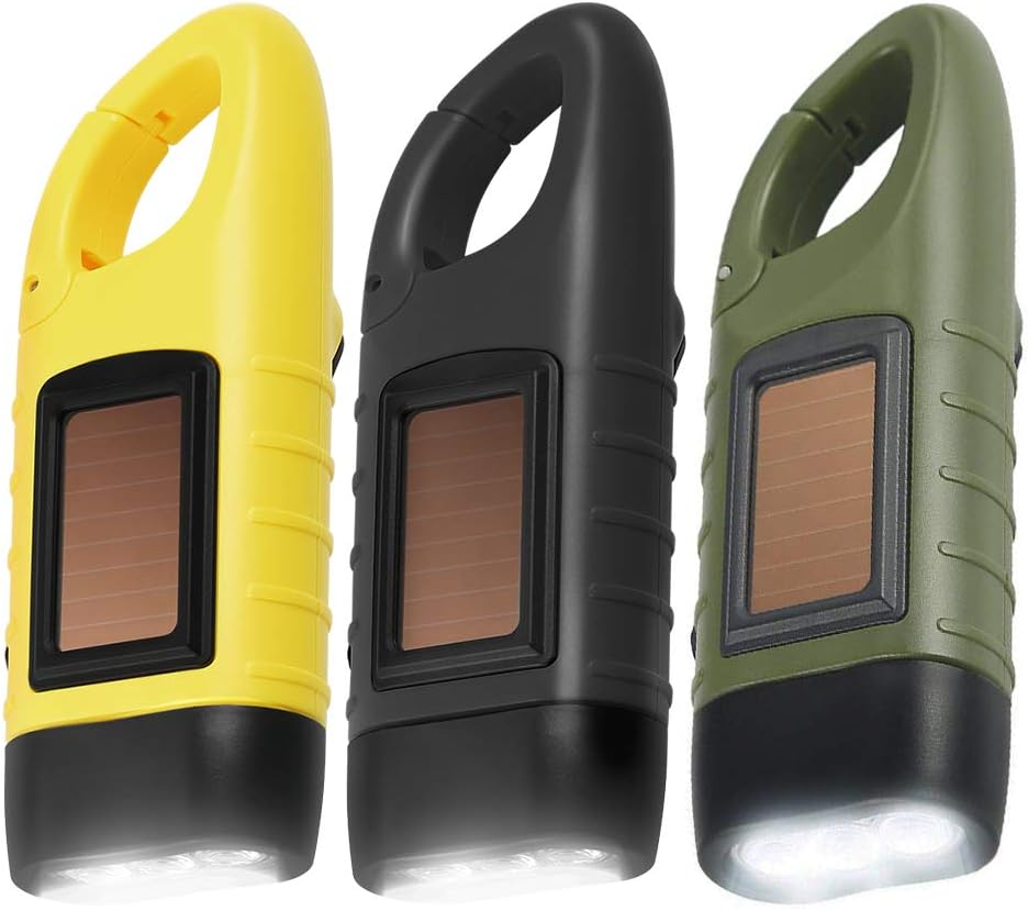 Simpeak [ 2-Pack] Hand Crank Solar Powered Flashlight, Emergency Rechargeable LED Flashlight, Survival Flashlight, Quick Snap Carbiner Dynamo Flashlight Torch for Outdoor Sports, Green+Yellow - - 