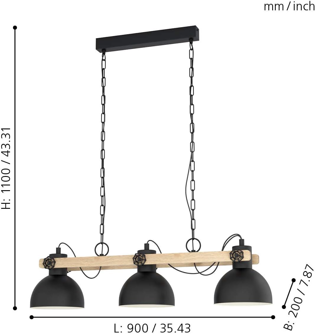 Eglo Lubenham 3-Flame Vintage Pendant Lamp, Industrial Design Hanging Light, Black Steel and Brown Wood Ceiling Lighting, E27 Socket - Image 5