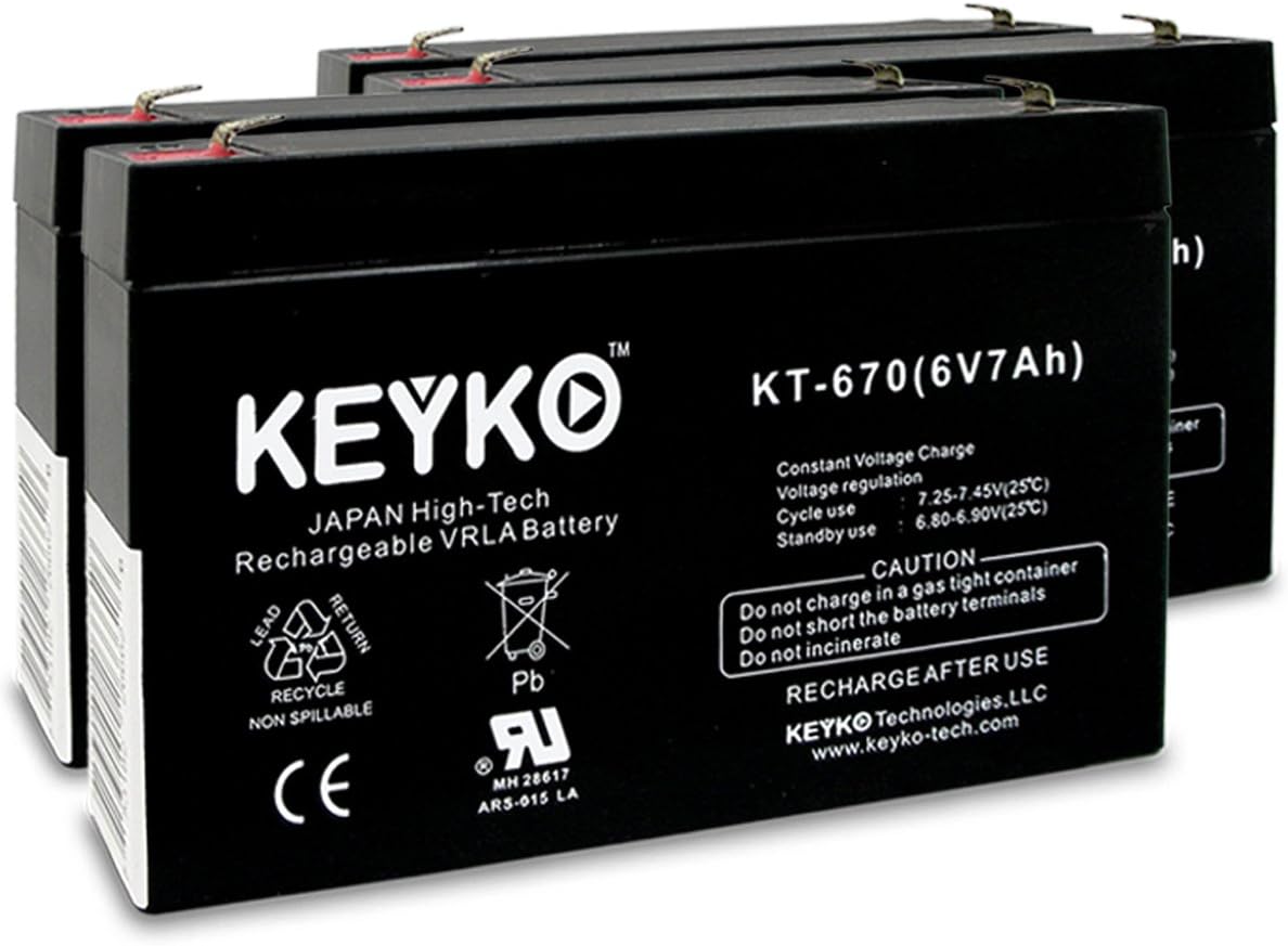 Battery 6V 7Ah - 4 Pack Fresh & REAL 7.0 Amp SLA Sealed Lead Acid AGM Rechargeable Replacement Battery Genuine KEYKO F1 Terminal
