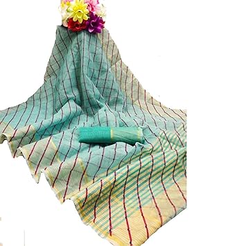 women's linen sarees with blouse material (Green)