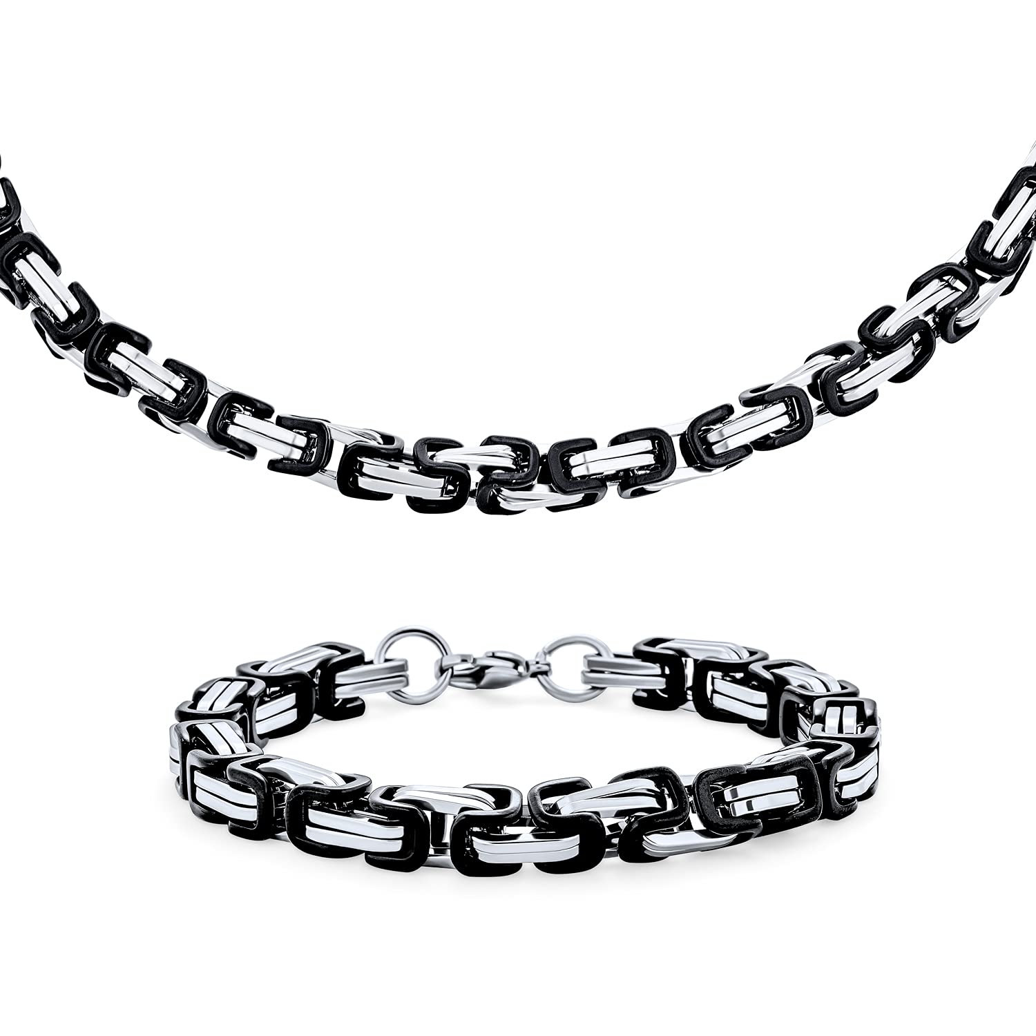 Mechanic Byzantine Goth Punk Rocker Biker Urban Heavy Chain Men Teens Necklace Bracelet Jewelry Set Black IP Silver Two Tone Stainless Steel 24 Inch 8 Inch — image 1