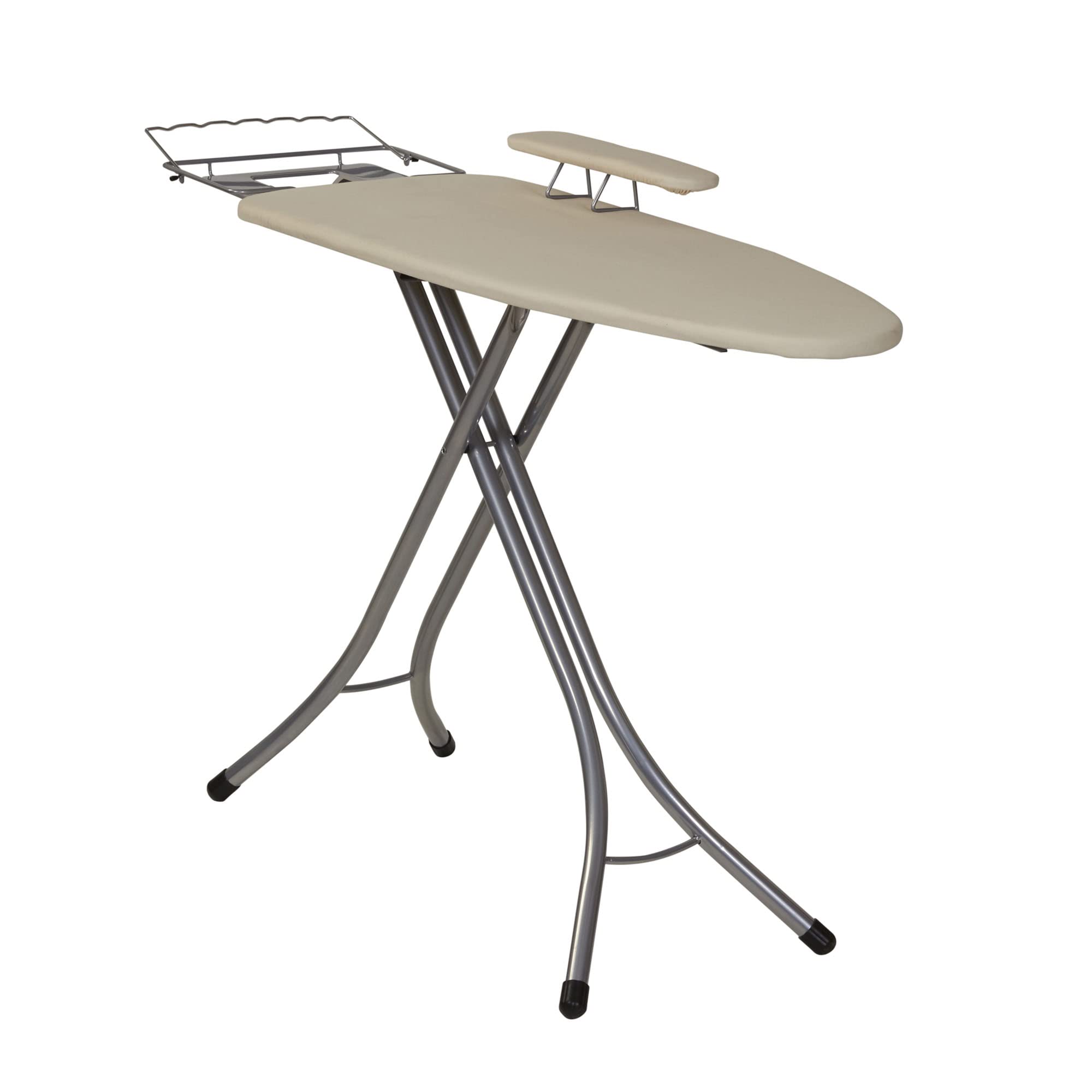 Photo 1 of Household Essentials Wide Mega Ironing Board 4-Leg, Steel Top Pressing Station, Heat-Resistant Fiber Pad and Cotton Cover, Includes Sleeve Board and Iron Rest with Hanger Bar, Silver Frame