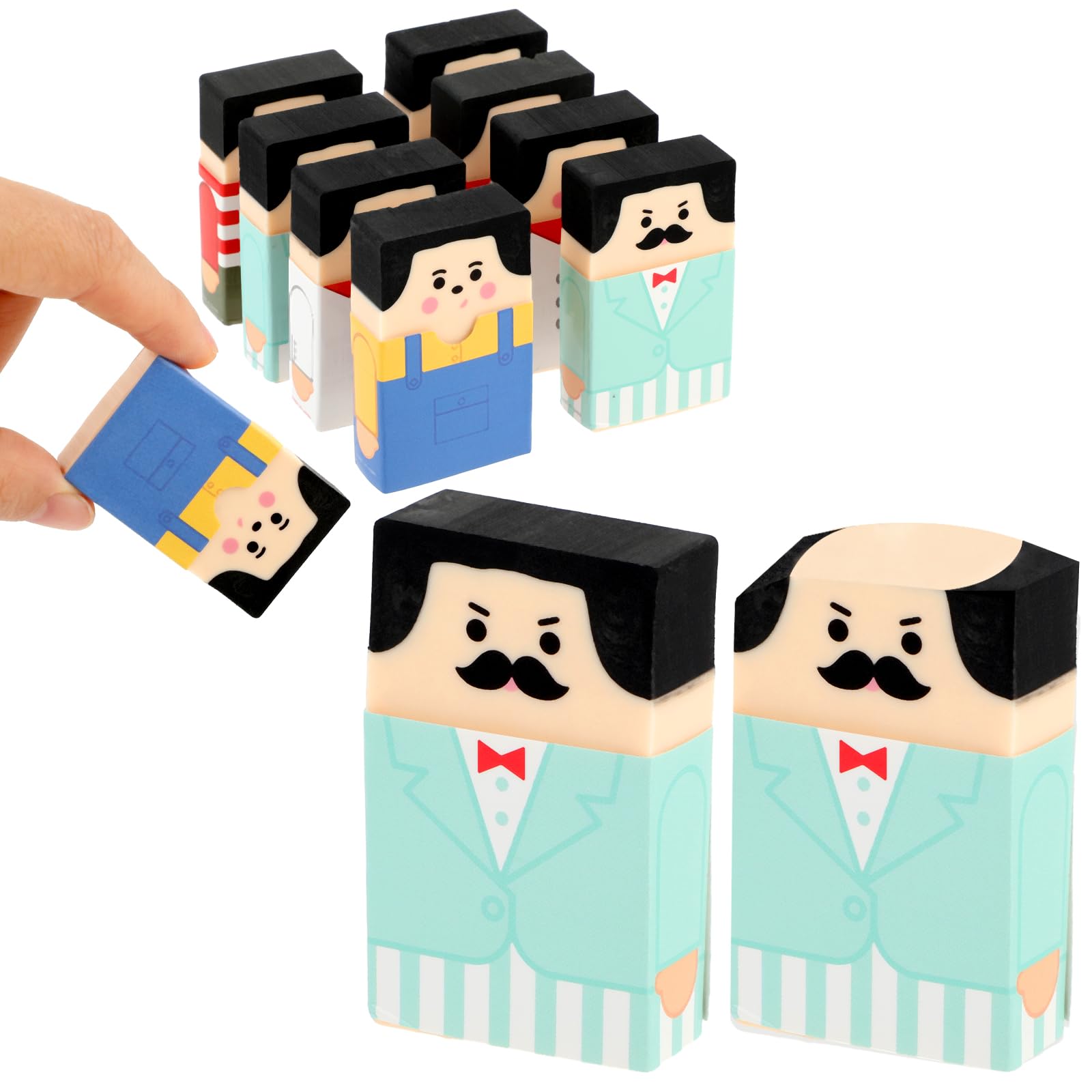 Cute Salaryman Erasers, Mabor 8Pcs Novelty Erasers for Kids Students Artists Fun Pencil Eraser from Hairy to Hairless Bald Uncle Eraser for Office School Supplies Art Stationary