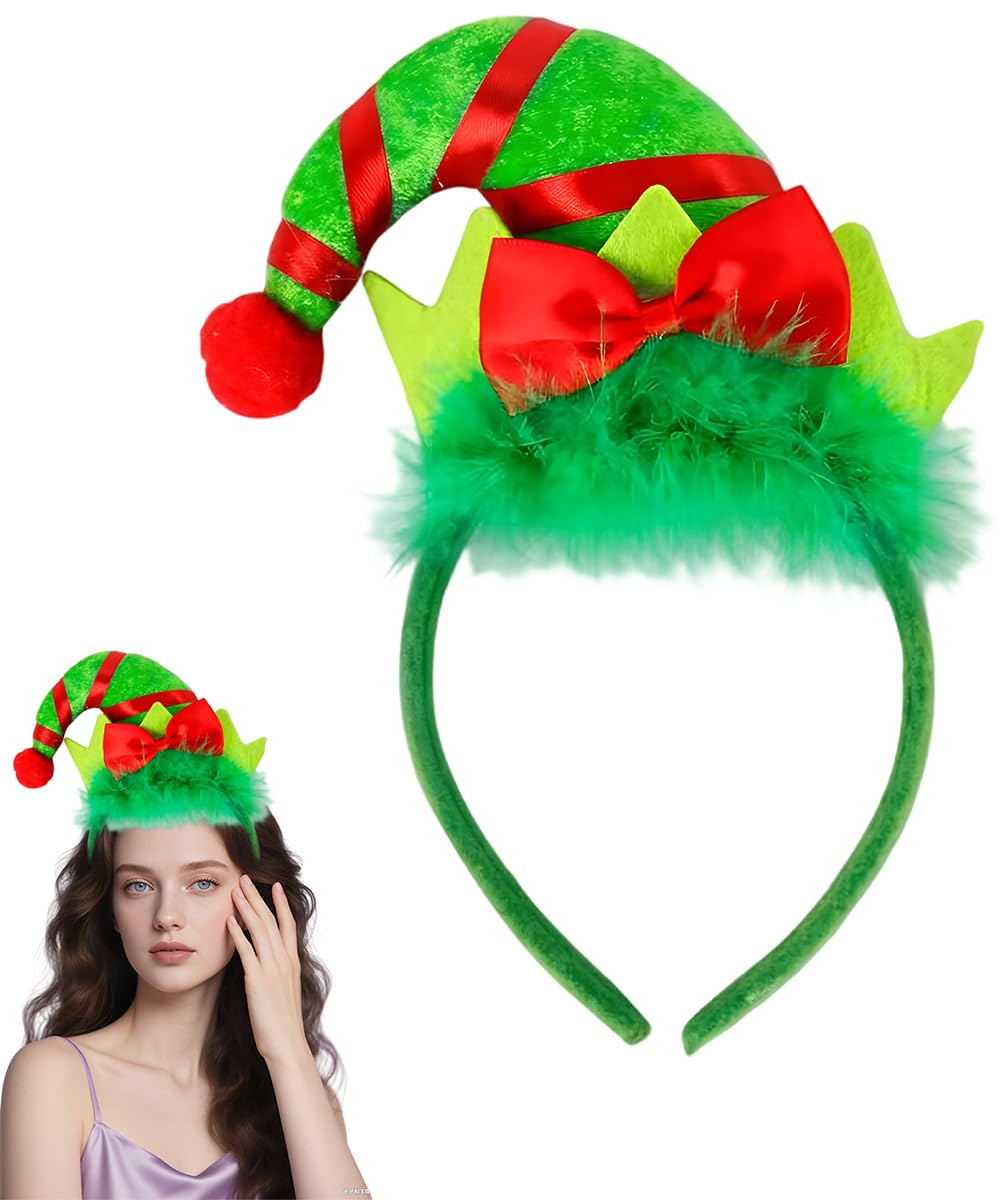 SHIFANQI Christmas Headbands for Women Adults Girls, Furry Xmas Elf Hat Headband with Red Bow, Headwear Christmas Costume Party Holiday Festival Decoration, 1Pcs Green