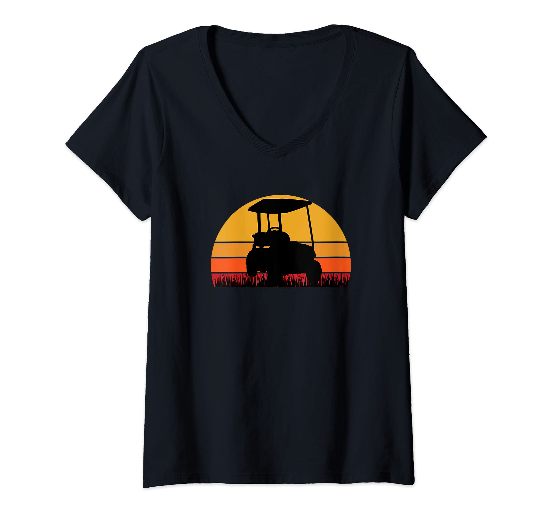 Womens Golf Cart Sunset Retro Golfing Golfer Course Par Birdie V-Neck T-Shirt
