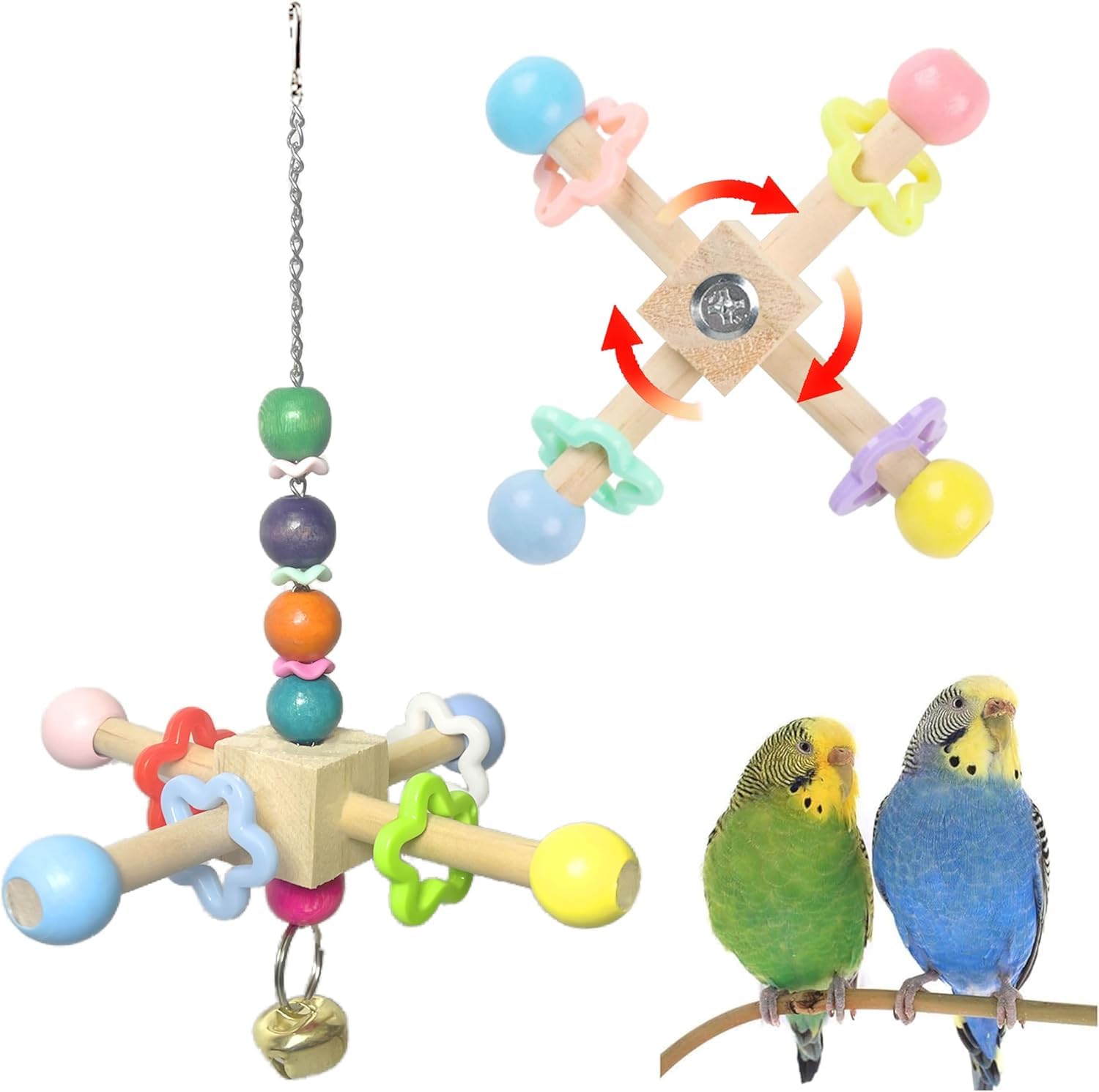 Photo 1 of 2pcs Bird Spinner Toys for Parrots with Bells, Natural Wood Parakeet Toys for Cage, Bird Cage Accessories Chewing Hanging for Small and Medium Birds, Cockatiel, Conure, Lovebird, Budgie, Quaker