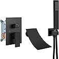 Airuida Wall Mount Tub Faucet with Waterfall Tub Spout Wall Mounted Bathtub Faucet with Handheld Shower Single Handle Tub Filler Shower Faucet Set with Rough-in valve Curved Spout Matte Black