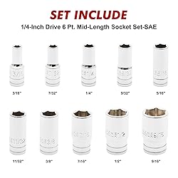 CASOMAN 10PCS 1/4"Drive 6 Pt. Mid-Length Socket