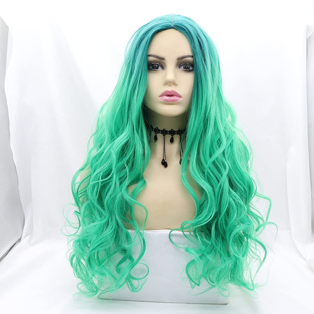 Xiweiya Mixed Green Blue Synthetic Wigs 2 Tones Long Wavy Blue Green Wig Middle Part Heat Resistant Fiber For Women 24inch……