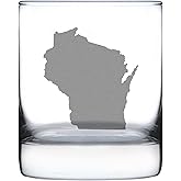 Bevvee Wisconsin State Outline Whiskey Rocks Glass - State Themed Drinking Decor and Gifts for Wisconsinite Women & Men - 10.25 Oz Whisky Tumbler Glasses