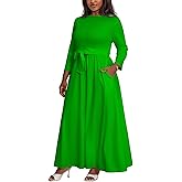 XNMHL Plus Size Maxi Dress for Curvy Women with Belt Crew Neck 3/4 Sleeve Flowy Long Outfits Sizes L to 5XL