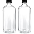 (2 Pack) - 16 oz Clear Glass Boston Round Bottles with Black 28-400 Airtight Phenolic Polycone Caps - Perfect Glass Containers for Secondary Fermentation, Storing condiment, Homemade Essential Oils