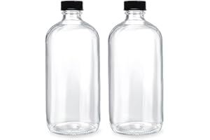 MEM WORLDSHOP (2 Pack) - 16 oz Clear Glass Boston Round Bottles with Black 28-400 Airtight Phenolic Polycone Caps - Perfect Glass Containers for Secondary Fermentation, Storing condiment, Homemade Essential Oils