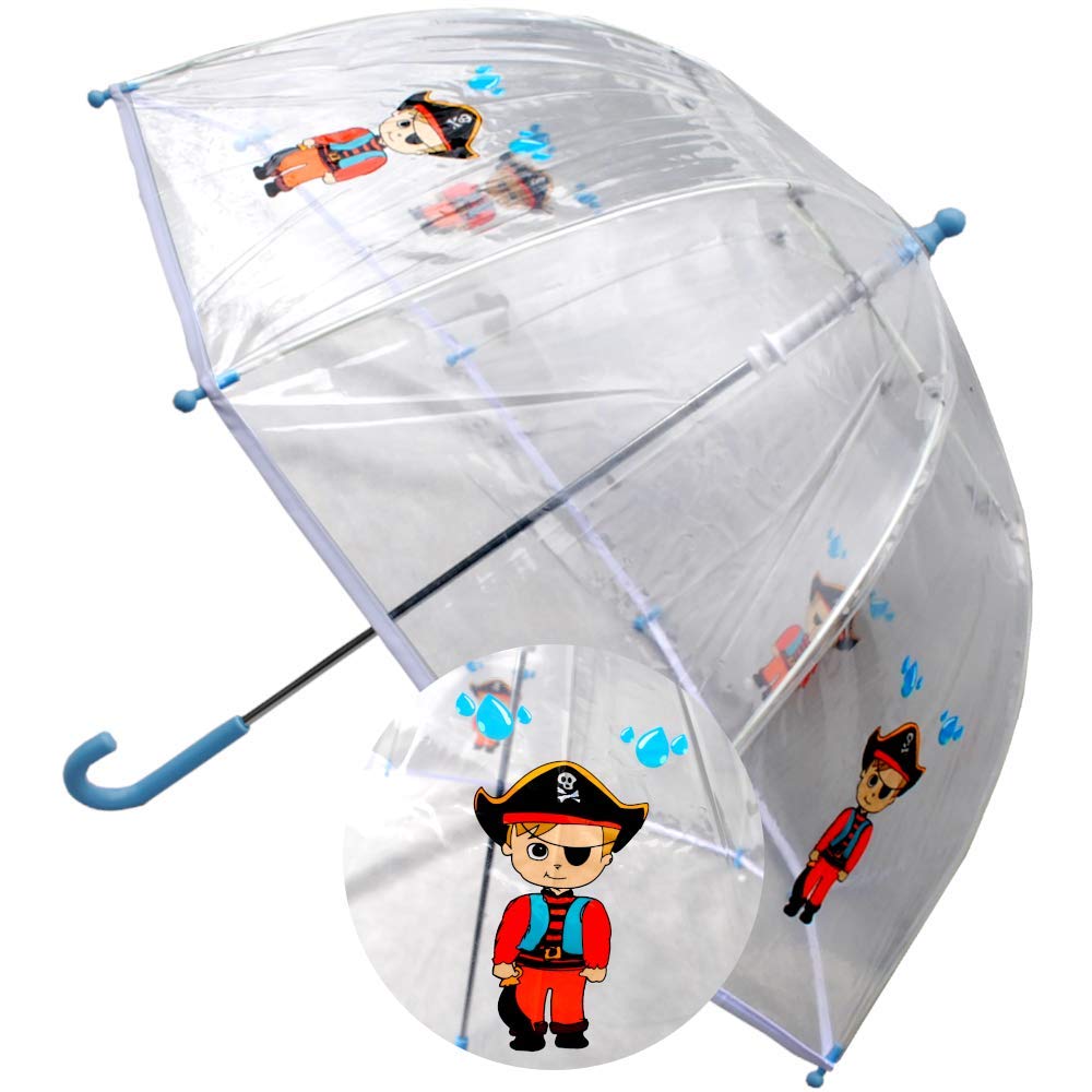 Cool Pirate Dome Kids Umbrella - Strong Windproof Panoramic Design - Fiberglass Ribs - Children Safe Tips - White Trim Canopy - Blue Handle and Tips - Clear