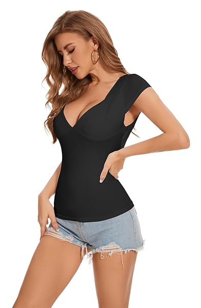 BONOTIE WOMEN’S DEEP V-NECK BACKLESS TOPS SHORT SLEEVE T-SHIRTS SLIM FIT BASIC CAUSAL SUMMER GOING OUT TOPS 2024 BLACK