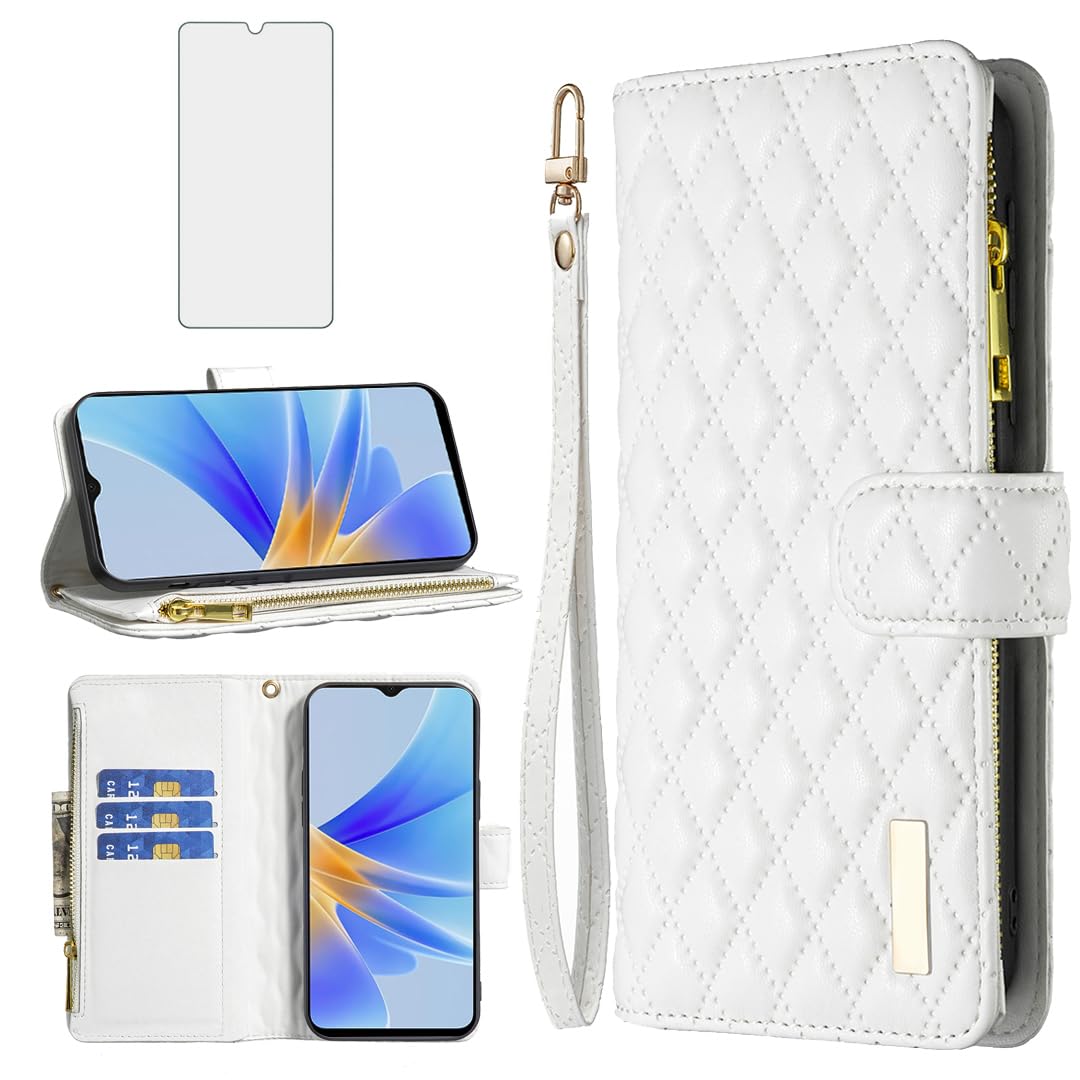 Asuwish Phone Case for OPPO A17 Wallet Cover with Tempered Glass Screen Protector and Leather Flip Credit Card Holder Stand Cell Accessories TPU Kickstand Slim Protective A 17 17A Women Girls White