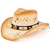 TOVOSO Straw Cowboy Hat for Women and Men with Shape-It Brim, Western Cowboy Hat, Orange/Beads - Tea Stain