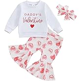 Sasaerucure Daddys Valentine Baby Girl Outfit Long Sleeve Shirts + Heart Flare Pants + Bow Infant Toddler Girl Love Outfit