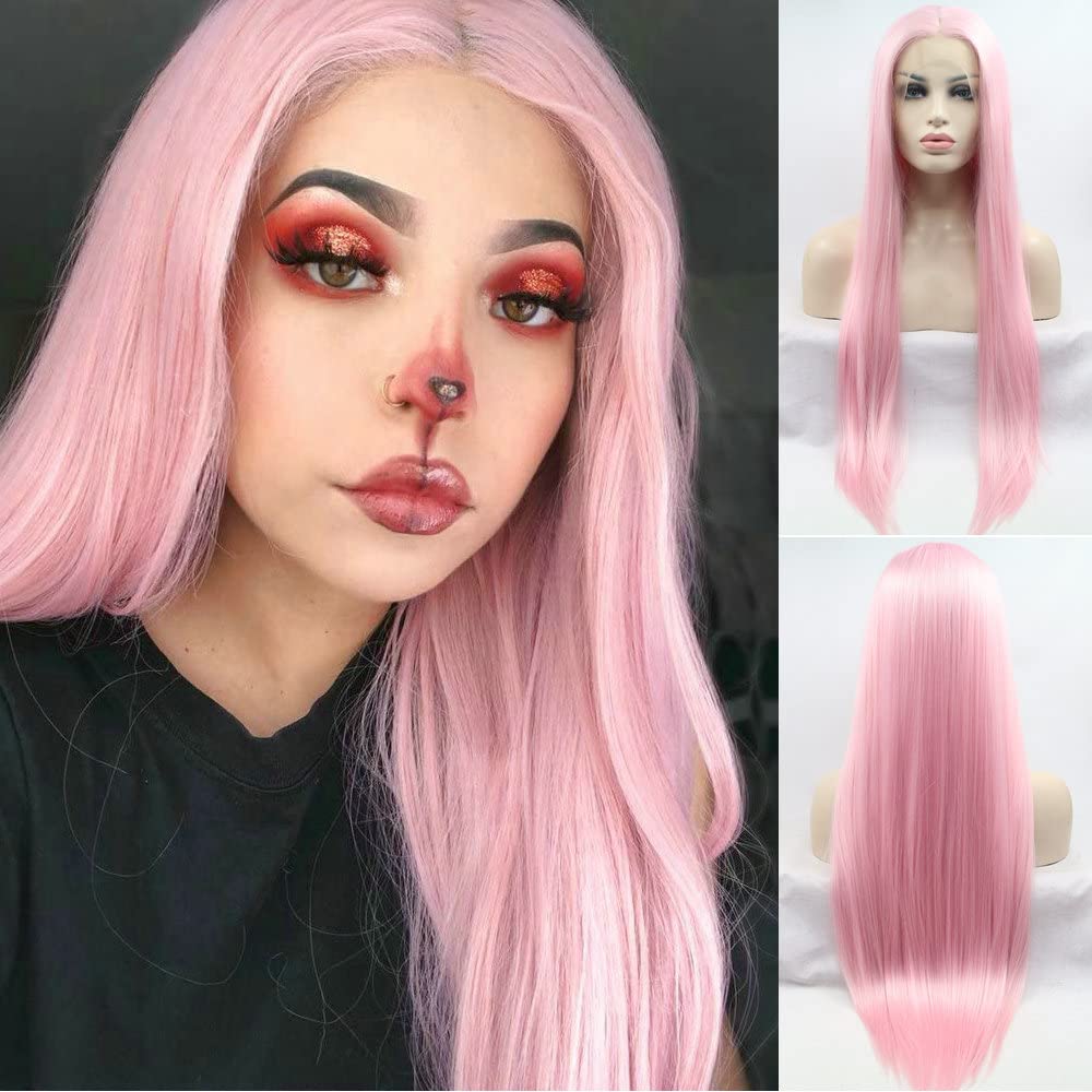 13x3" Pre Plucked Long Straight Colorful Wigs for Women Natural Looking Heat Resistant Fiber Synthetic Lace Front Wigs for Replacement/Party/Cosplay/Costume/Daily Use (Pastel Baby Pink) — image 1