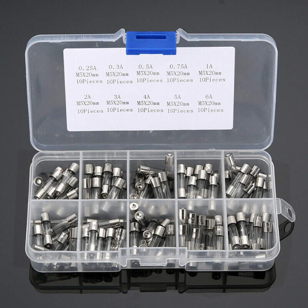 100 Pcs 5 x 20mm Quick Blow Glass Tube Fuse 0.25-6A Fast-blow Glass Fuses Assorted Kits