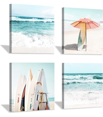 Beach Artwork – 4-teiliges Leinwandbild Mit Welle, Surfbrett Und Inspirierendem Spruch Fürs Schlafzimmer (30,5 X 30,5 Cm Pro Bild)