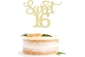 Gexolenu Gold Glitter Sweet 16 Cake Topper, 1 PCS, Anniversary Decoration