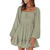 Dokotoo Womens Dress Long Lantern Sleeve Square Neck Tie Backless Sexy Dress Ruffle Elastic Waist A-Line Mini Dress