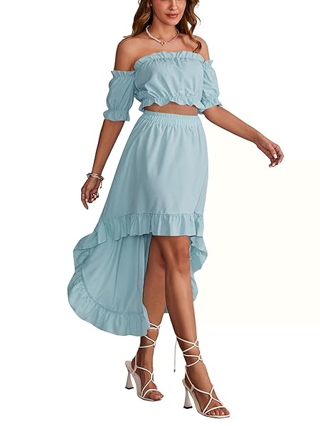 LYANER WOMEN’S TWO PIECES OUTFITS OFF SHOULDER CROP TOP AND HIGH LOW SKIRT SETS LIGHT BLUE# X-LARGE