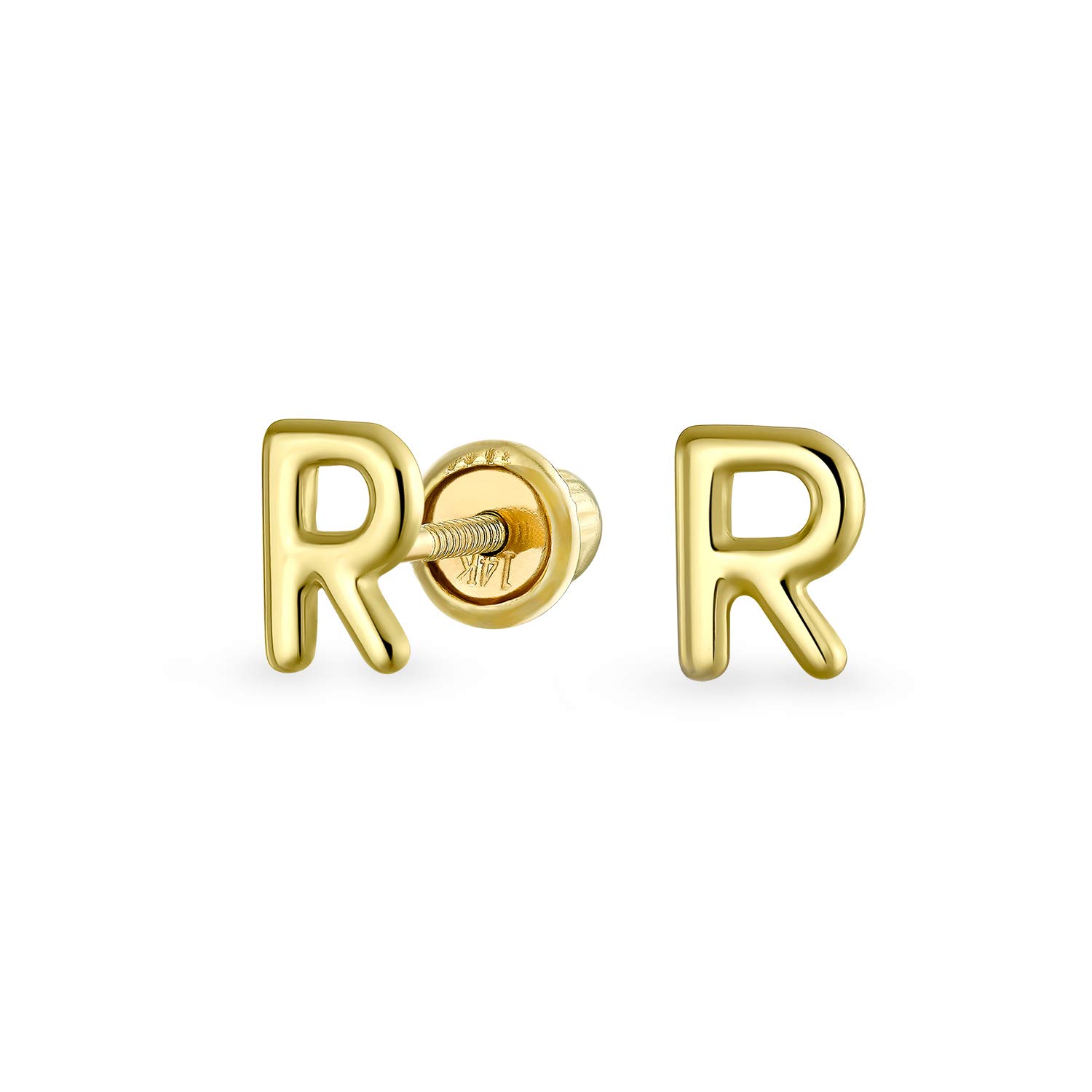 ABC Minimalist Real Yellow 14K Gold Capital Block Alphabet Letter Initial R Stud Earrings Safety Ball Screw Back For Teen For Women