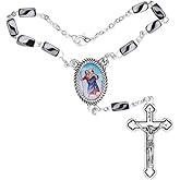 True Faith Jewelry 5.5mm Black Hematite Car Rosary Prayer Beads for Rearview Vehicle Mirror with Jesus Crucifix Cross and St Christopher Patron Saint Medal, 8-Inch