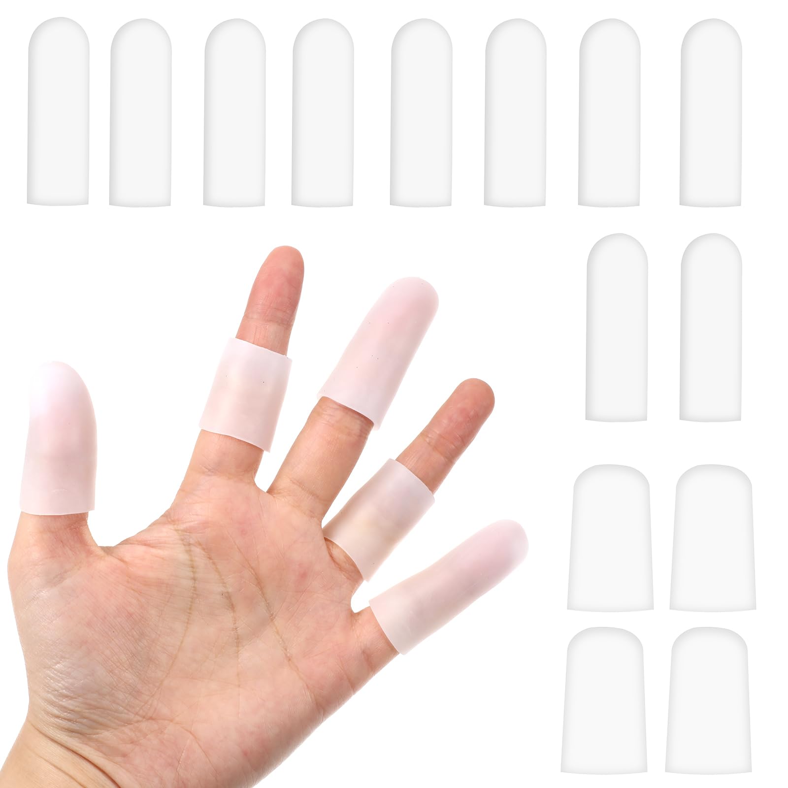 Photo 1 of 14 Pcs Silicone Finger Protectors, Waterproof Gel Thumb Small Finger Cot Protectors Stall Fingers Covers Shields Provide Relief for Fingers Cracking, Writing, Wounds (2 Size, White)