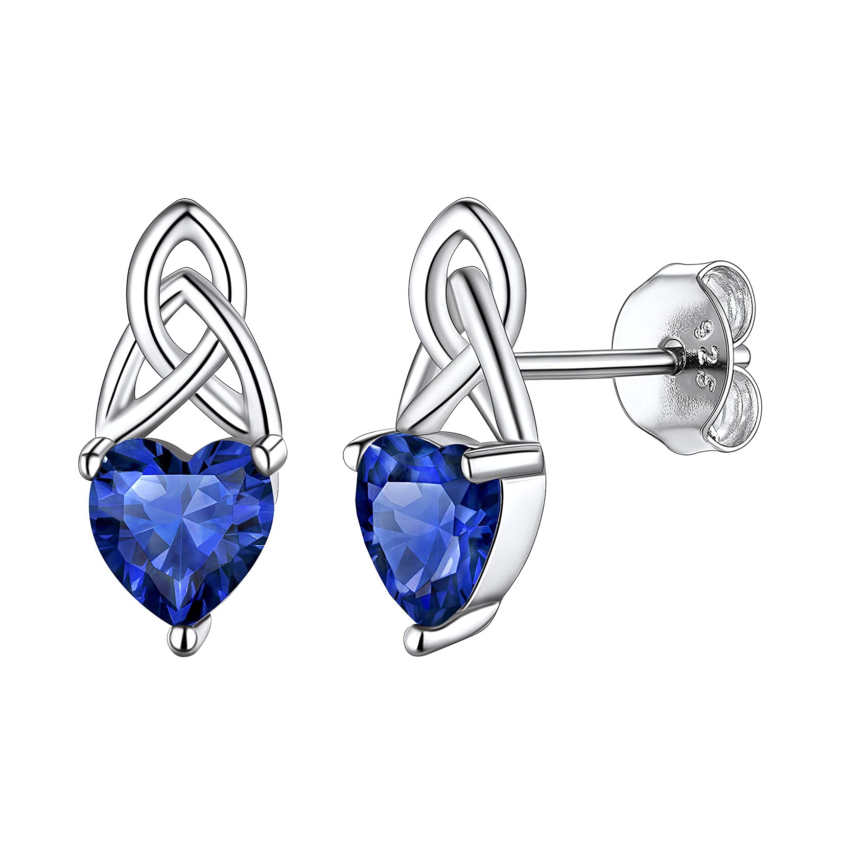 Suplight 925 Sterling Silver Dainty Cute Hypoallergenic Triquetra Celtic Triune Knot Heart Shaped Simulated Blue Sapphire September Birthstone Stud Earrings Irish Jewelry for Women Teens