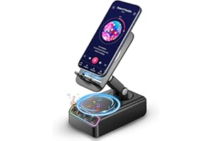 Hupoaf Adjustable Cell Phone Stand with Wireless Induction Bluetooth Speaker, HD Surround Sound for Home and Outdoors, Compatible with iPhone/iPad/Samsung Galaxy, Popular Gifts for Men Women Dad Mom