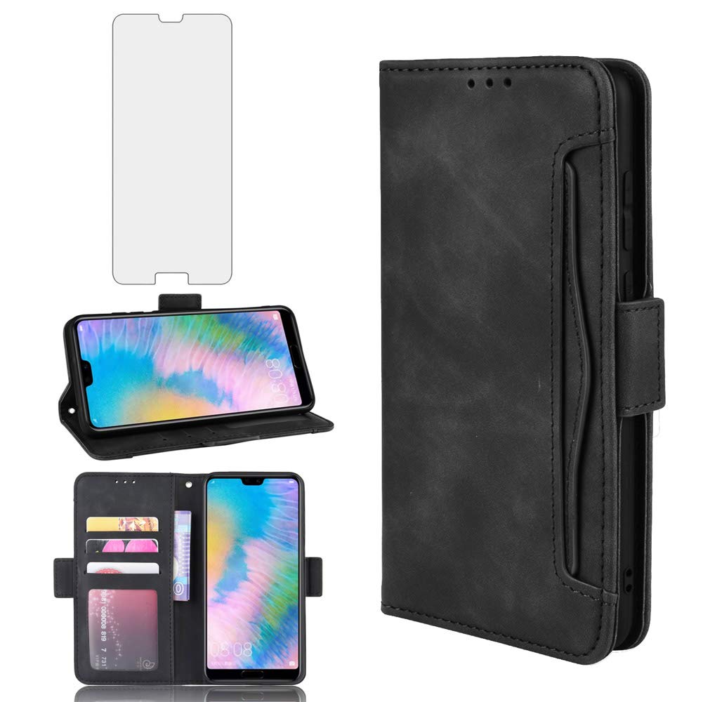 Phone Case for Huawei P20 Pro With Tempered Glass Screen Protector Card Holder Slot Stand Kickstand Shockproof Protective Wallet Purse Leather Flip Cover Huwai Hawaii P 20Pro P20pro huaweip20pro Black — image 1