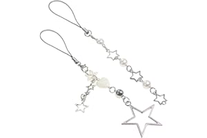 CMVFYL Silver Star Phone Charms Strap, Beaded Wrist Charm for Camera, Cute Y2k Phone String, Pearl White Decoration for Purse Bag