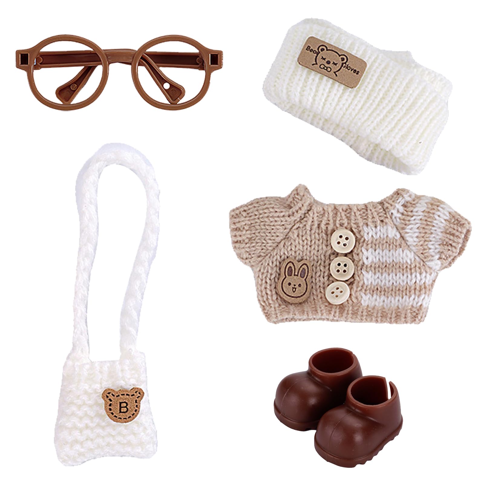 DAVBNM 5 Pcs Doll Clothes for 17cm Plush Dolls, Clothing for 17 cm, Include 1 Top 1 Hat 1 Bag 1 Glasses 1 Shoes, Outfit Accessories, Ideal Children's Gift