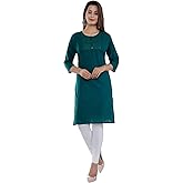 Ramkudi Indian Women's Plain Embroiderd Cotton Straight Kurti Top (Teal)