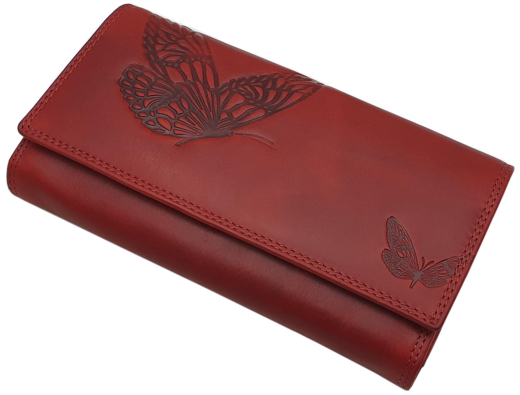myledershop Large Cowhide Womens Purse with Butterfly-Motif with RFID & NFC Blocking (Cherry Red)